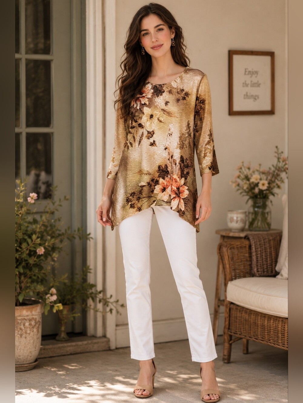 Alfred Dunner Petite Medium Floral Textured Tunic Top 3/4 Sleeve Asymmetrical He